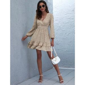 Speckled Print Ruffled Mini Dress Size M Beige White